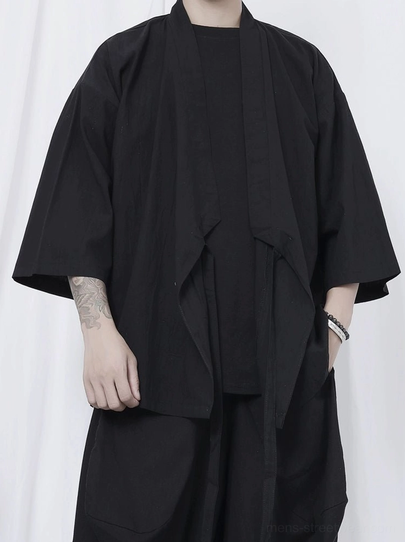 Black wrap kimono shirt product image styled for Korean streetwear and Japanese-inspired oversized layering