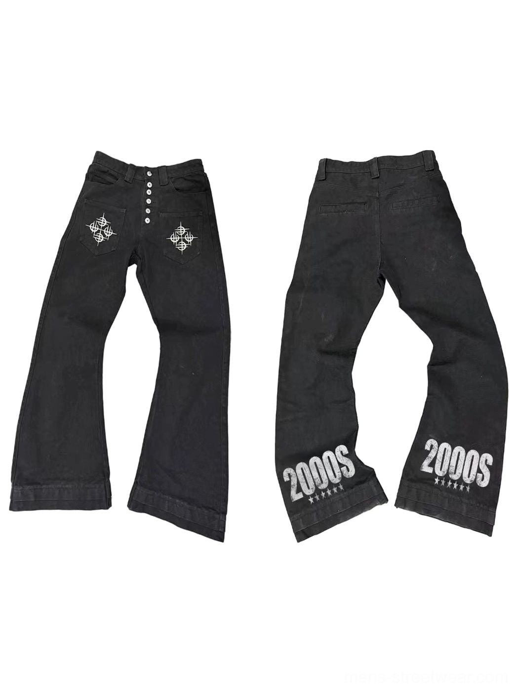 Flat lay front and rear view of black Y2K graphic flare jeans with studded pockets, button fly, and 2000S hem prints