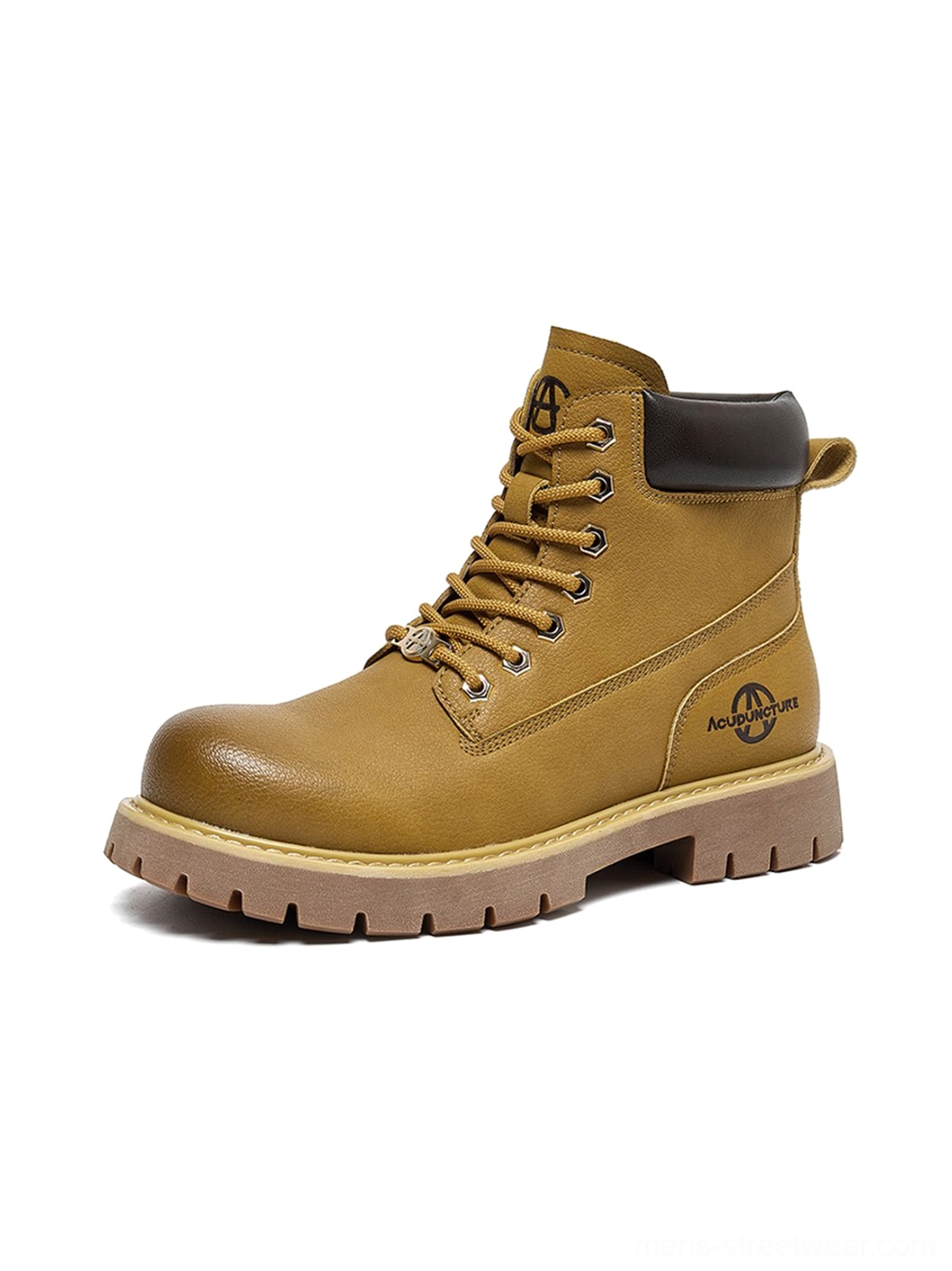 Black and yellow lug sole ankle boots designed for Korean streetwear, gorpcore, and utility outfits