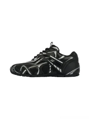Black Yin-Yang tech runner sneakers side profile with silver racing overlays and black white low-top streetwear design