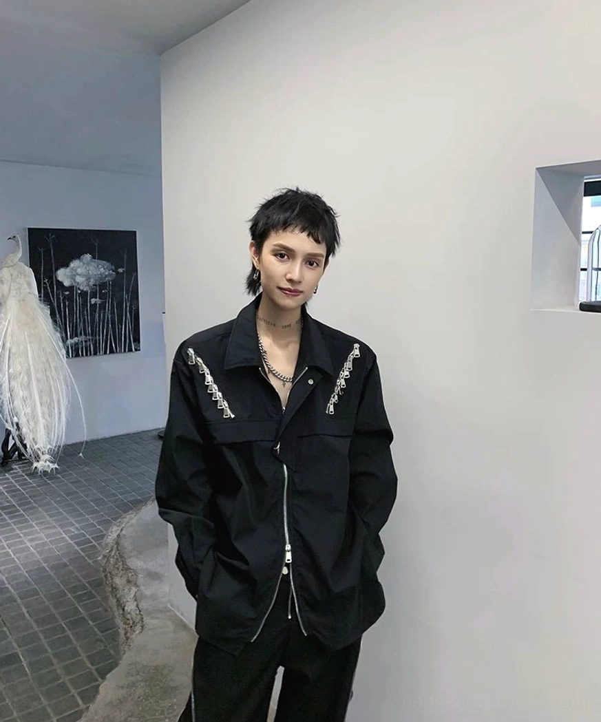 Black zip-cascade harness shirt jacket styled as a monochrome avant-garde streetwear outfit