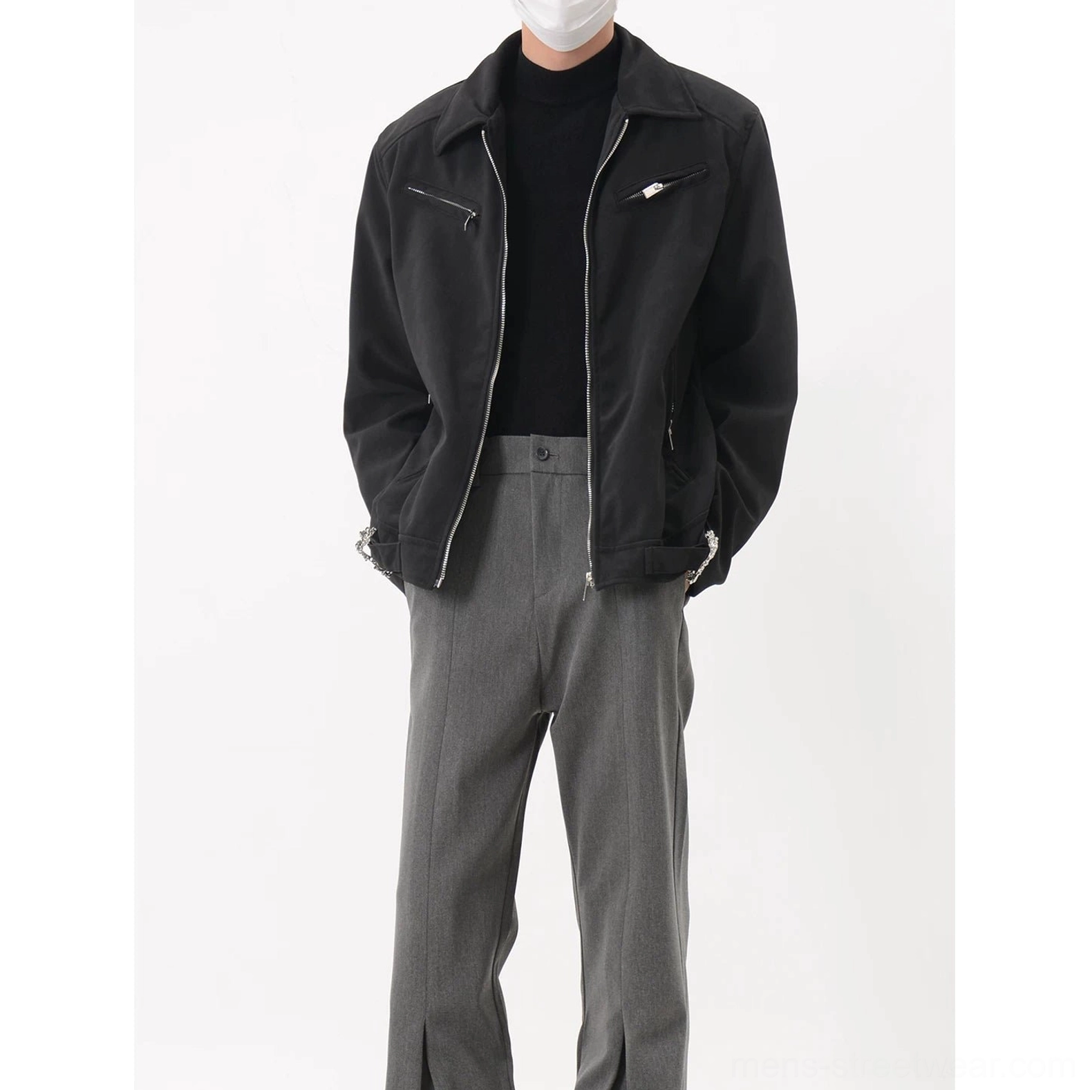 Black zip-up motorcycle-inspired jacket with classic pointed lapel collar silver zippers and clean structured silhouette