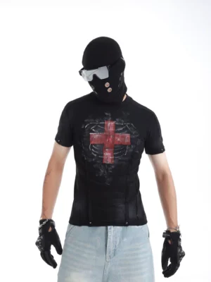 Black Blood Oath distressed red cross graphic tee styled with tactical balaclava, gloves, and light wash wide leg jeans