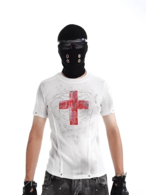 White Blood Oath distressed cross slim fit streetwear tee styled with tactical balaclava, gloves, and distressed black jeans