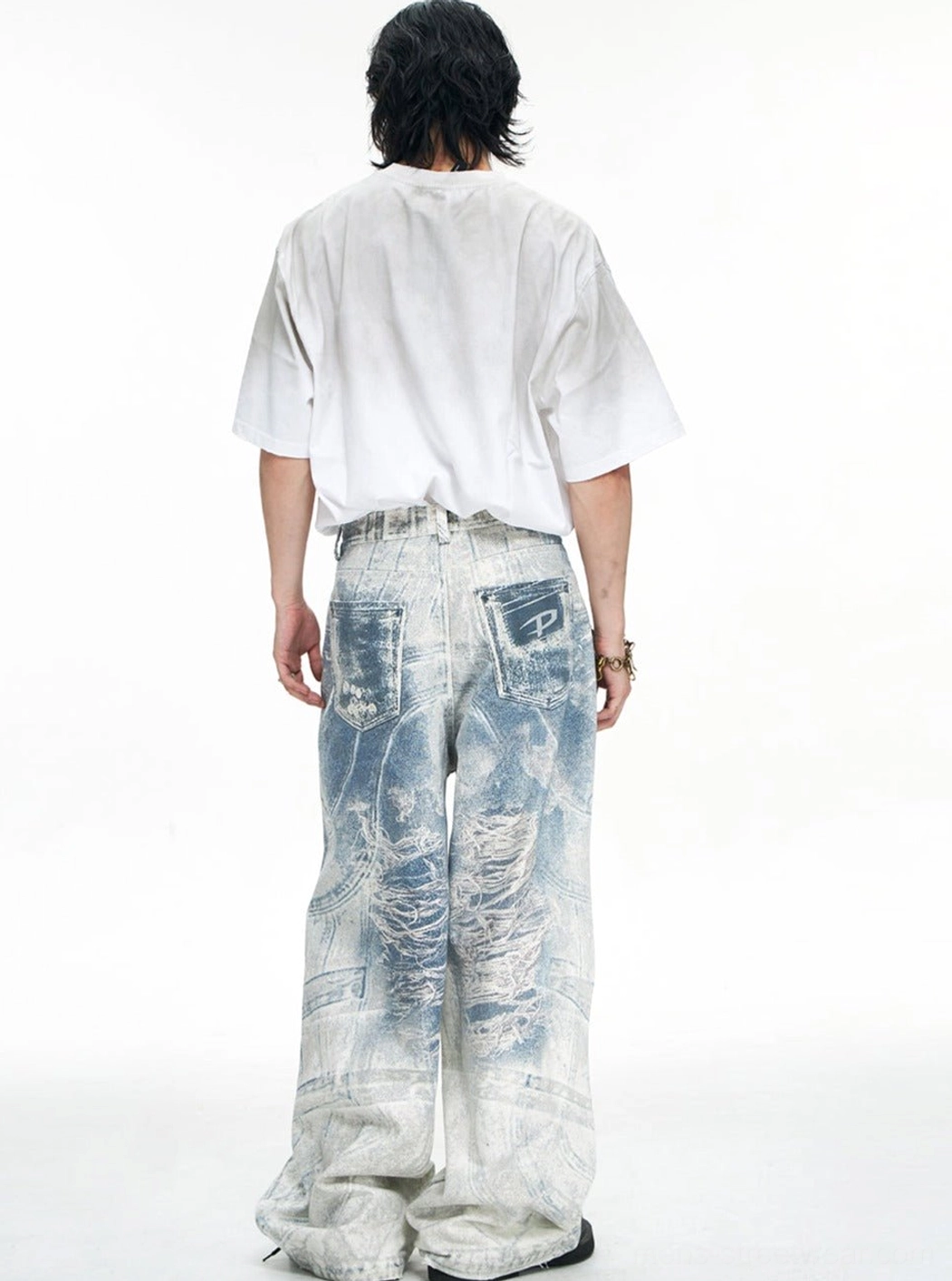 Blue acid-wash ultra wide-leg baggy jeans detailed streetwear denim product view