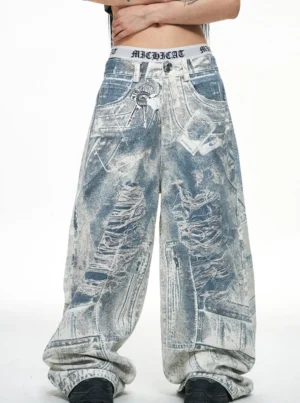 Front close view of blue acid-wash baggy jeans with faded distressed denim wash and wide-leg fit