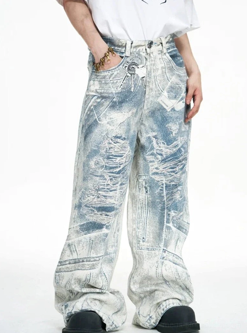 Blue acid-wash ultra wide-leg baggy jeans in three-quarter side view showing relaxed oversized streetwear fit