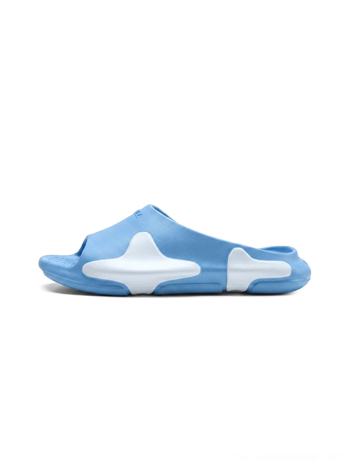 Blue cloud-cushion open-toe streetwear slides with contrasting white side panels shown in a clean side view