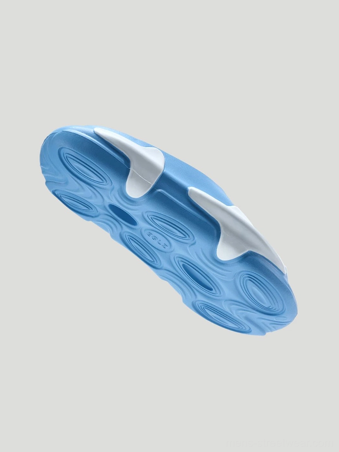 Blue cloud-cushion slides shown from the bottom with a textured anti-slip outsole and contrast details