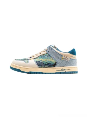 Side view of blue and cream starry night inspired retro low-top skate sneakers with painted landscape panels and blue rubber outsole