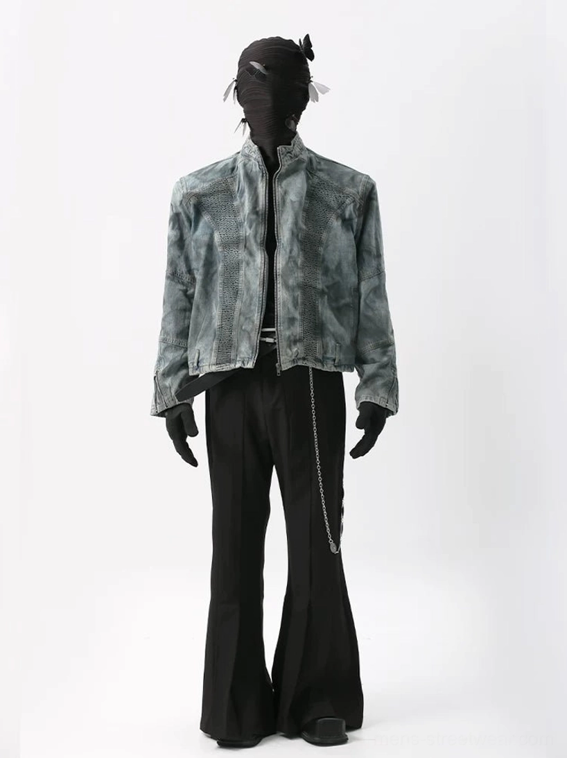 Blue gray cropped denim moto jacket full front outfit view styled with black flared streetwear pants