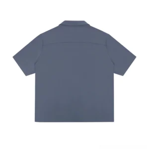 Blue grey boxy camp collar shirt rear full view with clean minimalist Korean streetwear design