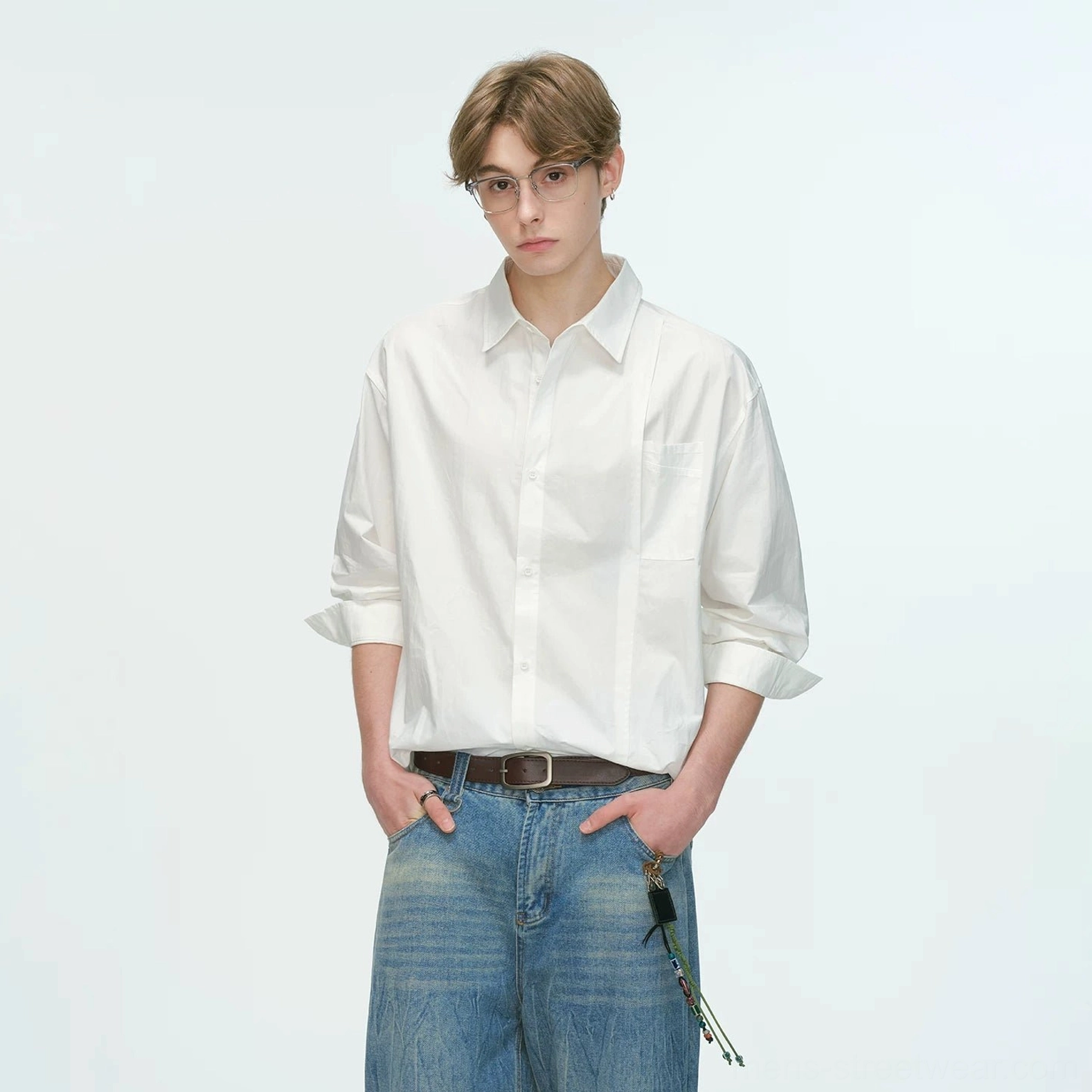 Blue and khaki relaxed poplin shirt color options for Korean streetwear minimalist fashion wardrobes