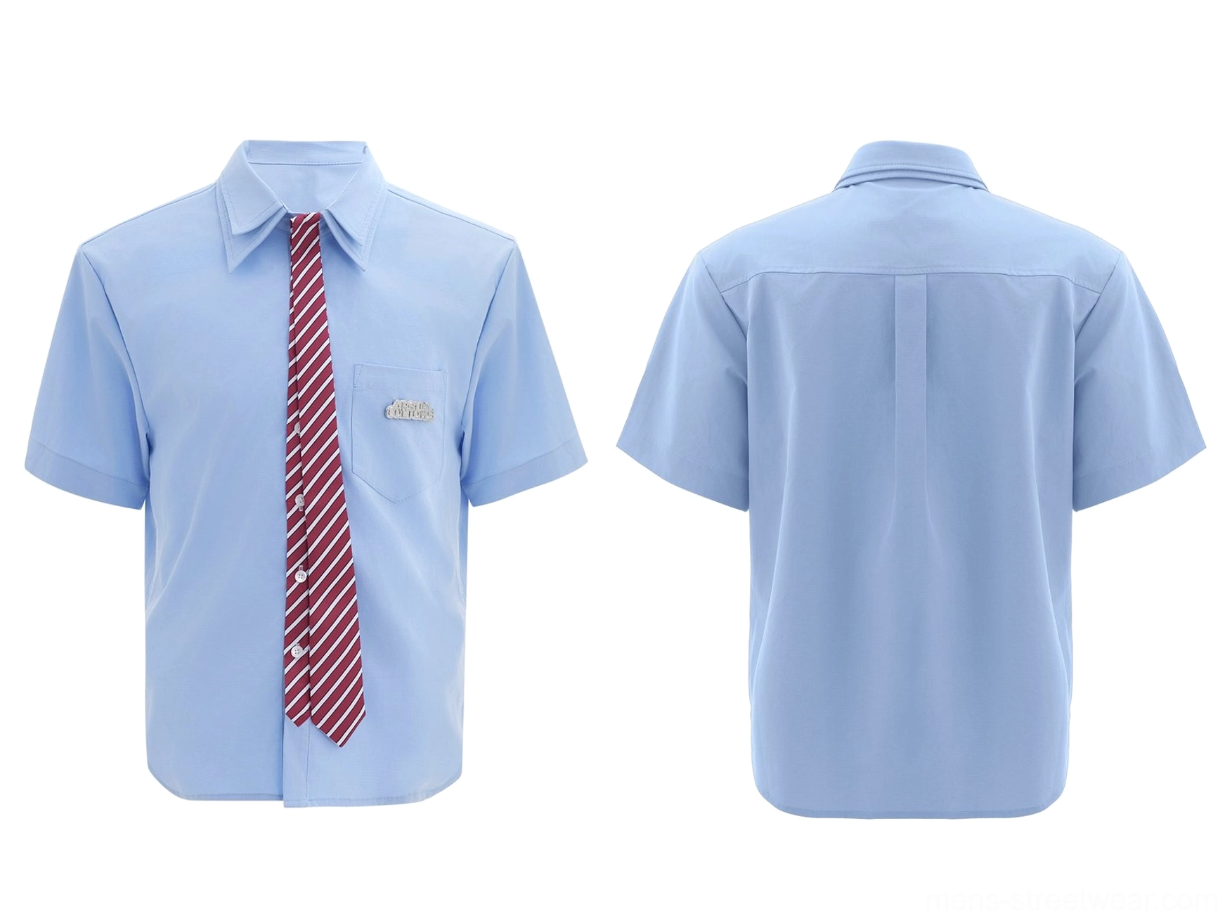 Blue oversized short sleeve shirt with coordinated necktie for Korean streetwear outfits
