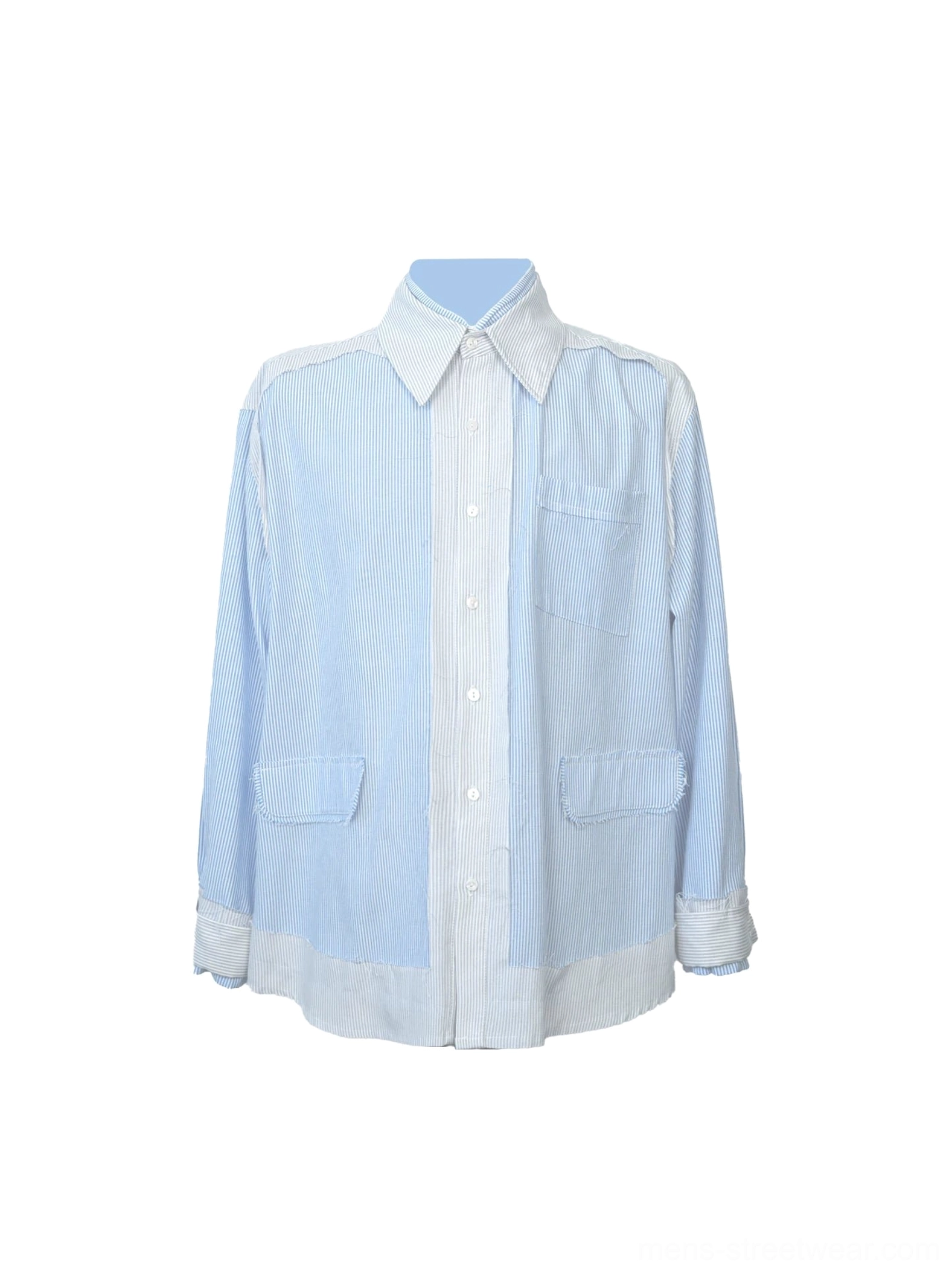 Flat lay of a blue pinstripe oversized overshirt showing contrast white collar placket cuffs hem full button front and patch pockets
