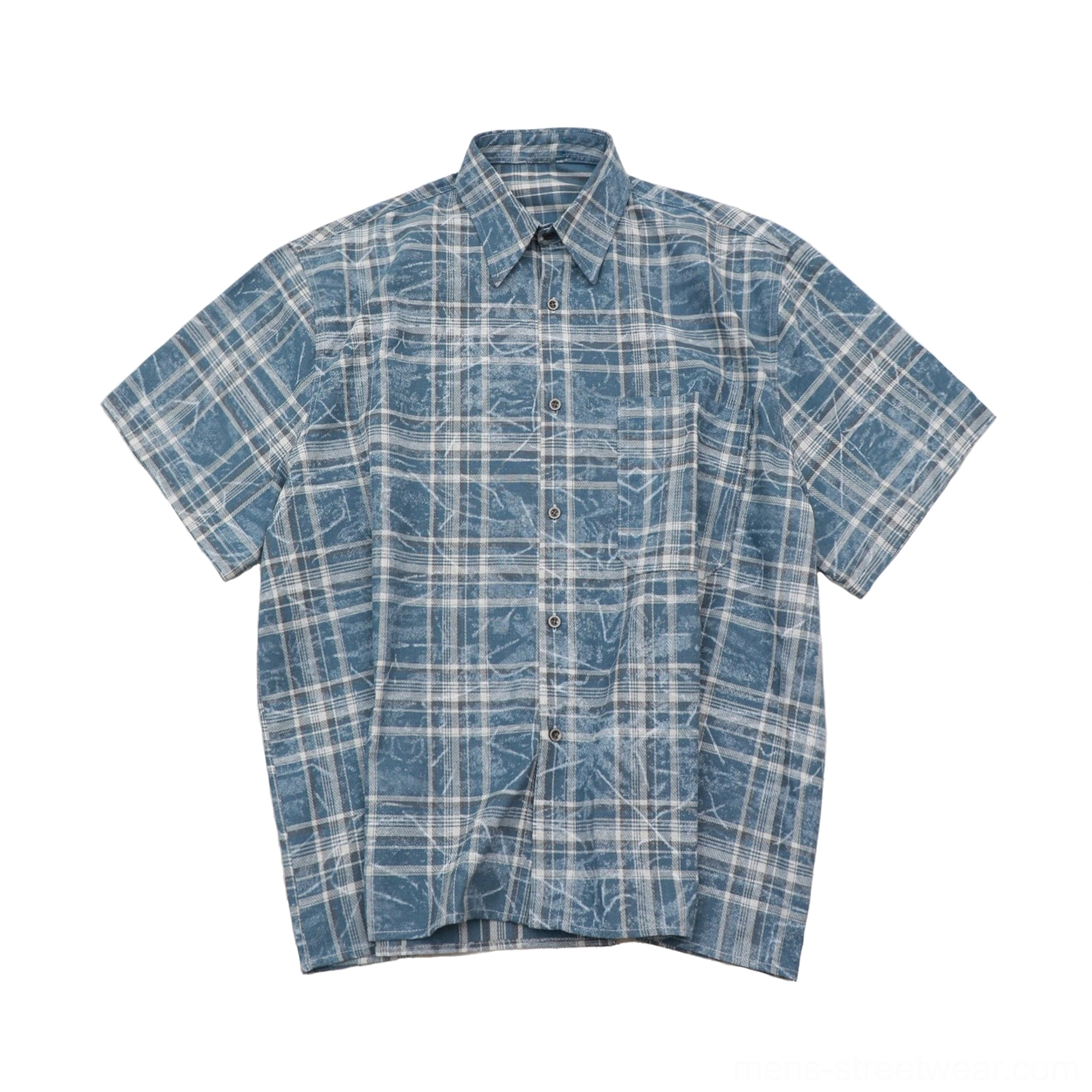 Blue plaid overshirt variation with casual streetwear styling, faded check texture, and relaxed contemporary silhouette