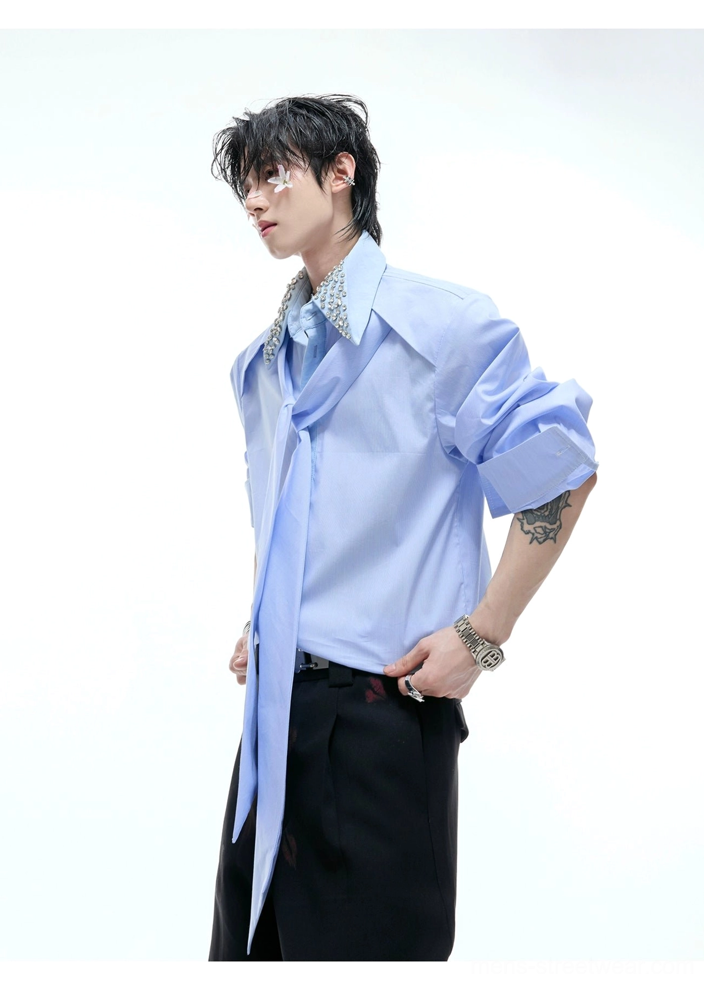 Blue rhinestone collar long tie streetwear shirt side view with relaxed fit rolled sleeves and curved hem