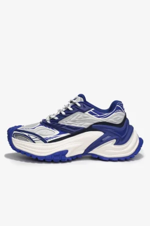 Blue silver and white chunky athletic sneaker with metallic accents layered upper panels and contrasting platform outsole