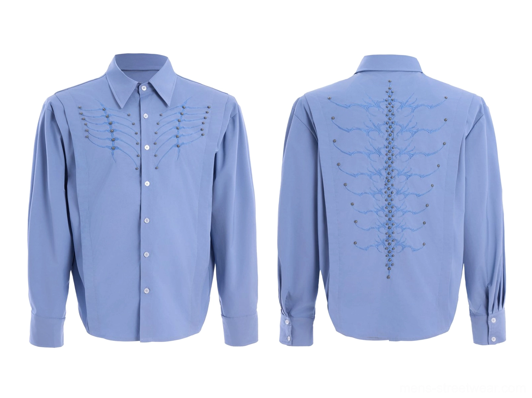 Blue skeleton ribcage and spinal embroidered button-up shirt product image with relaxed streetwear silhouette