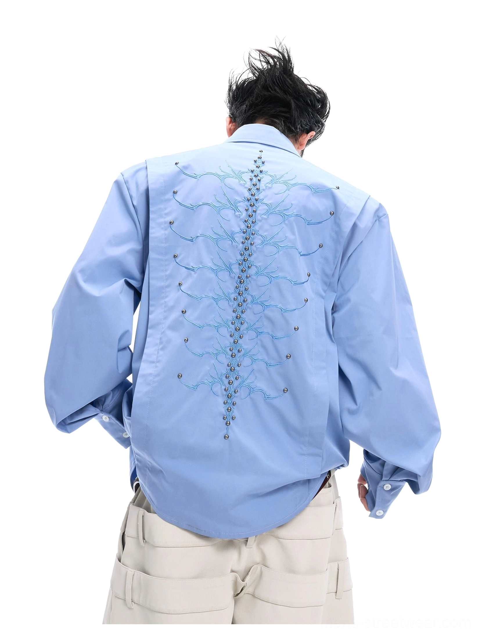 Blue spinal skeleton embroidered button-up shirt showing full back embroidery with relaxed Korean streetwear fit