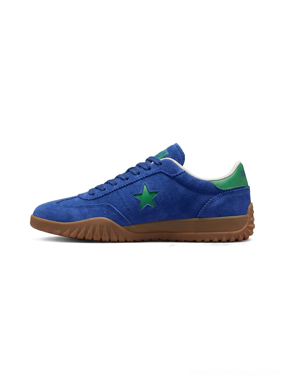 Royal blue suede star embroidered gum sole trainers shown in a clean side product view with green five point star, green heel tab, and retro low profile streetwear design