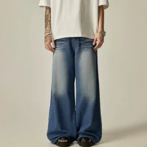 Front full-body view of blue washed ultra-wide leg vintage denim jeans with relaxed Korean streetwear styling