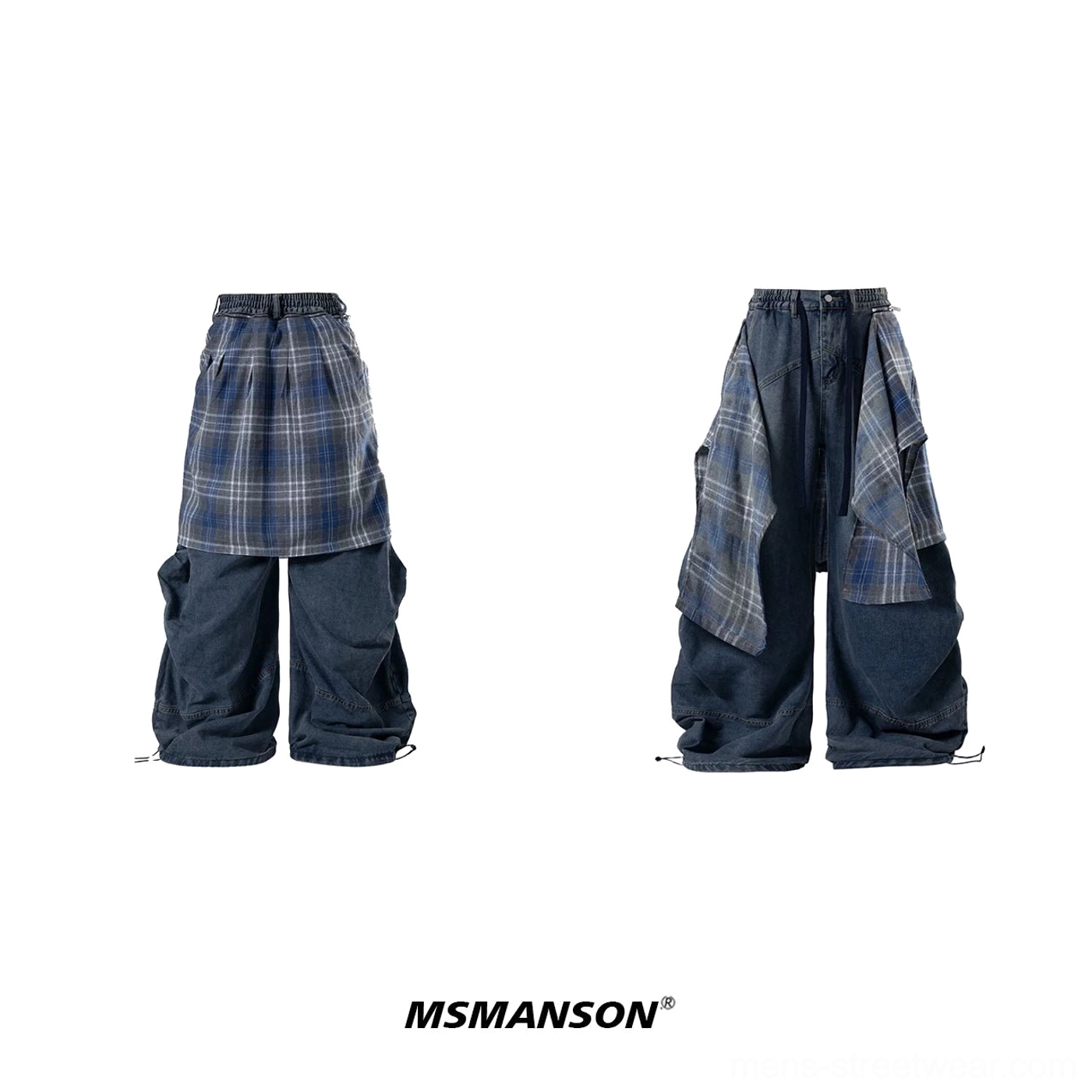 Flat lay of blue washed wide leg denim jeans with attached blue tartan plaid waist layer and relaxed oversized streetwear cut