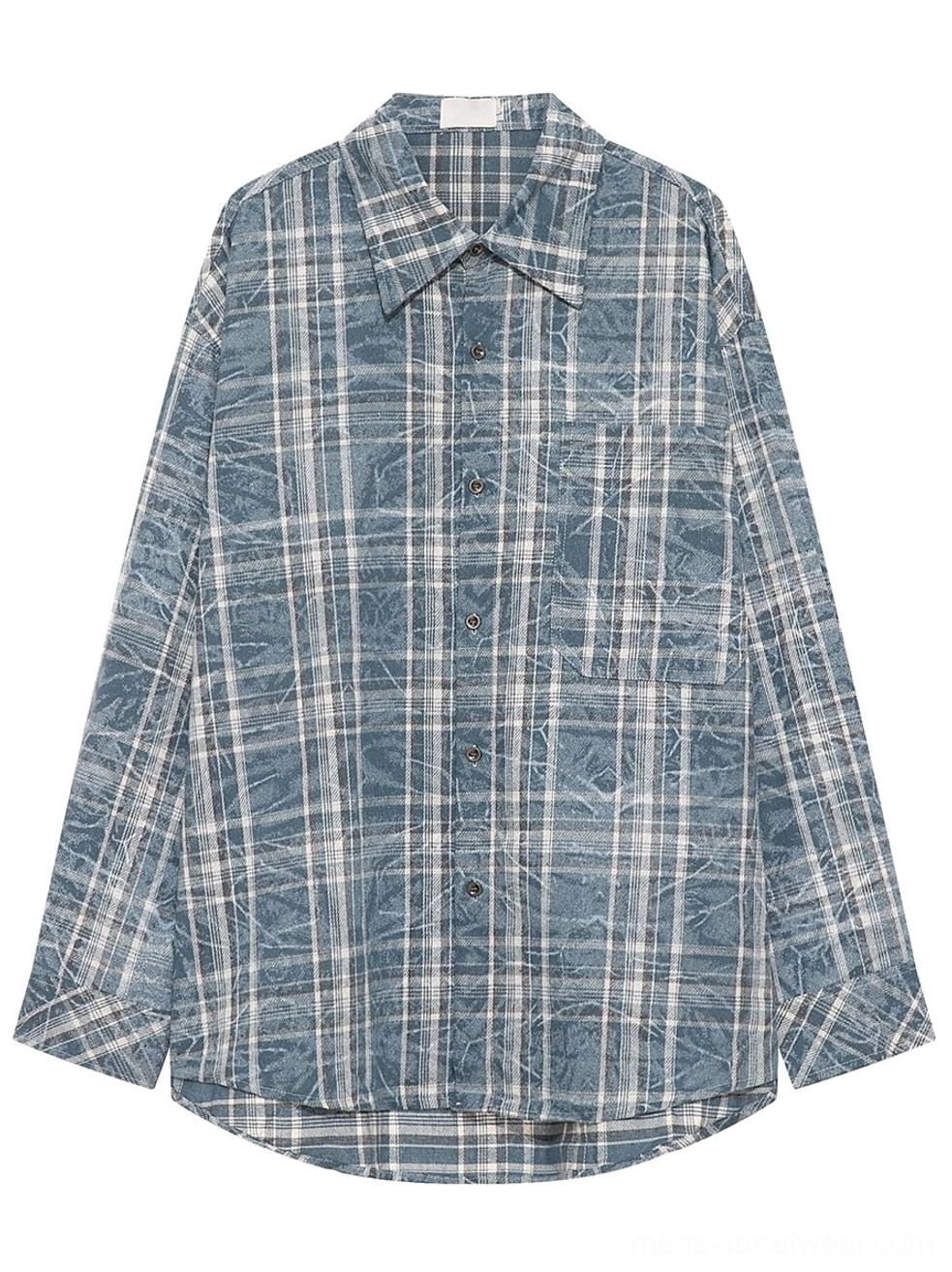 Flat lay view of a blue white washed plaid overshirt showing button front, chest pocket, classic collar, and distressed texture