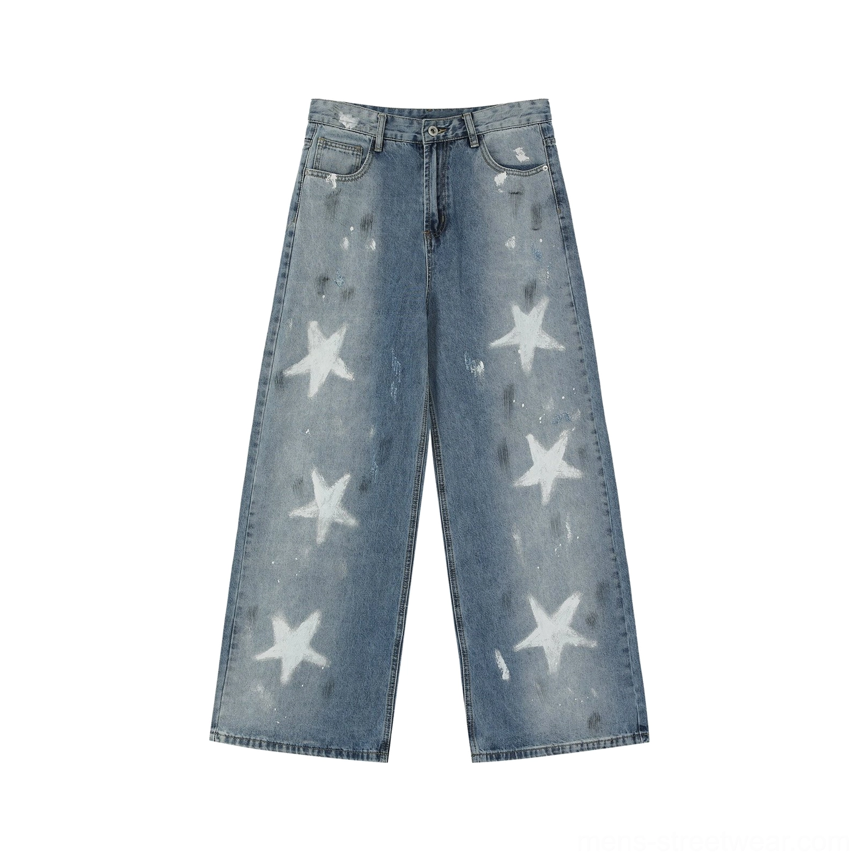 Flat lay front view of blue wide-leg denim jeans featuring white star print faded wash five-pocket construction and distressed splatter accents