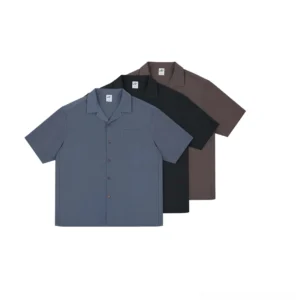 Boxy camp collar short sleeve shirt front oblique display in black white blue grey and coffee streetwear colors