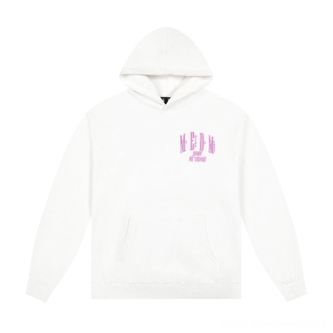 Bright white oversized cotton-blend hoodie with pink chest graphic, attached hood, and front kangaroo pocket on a clean studio background