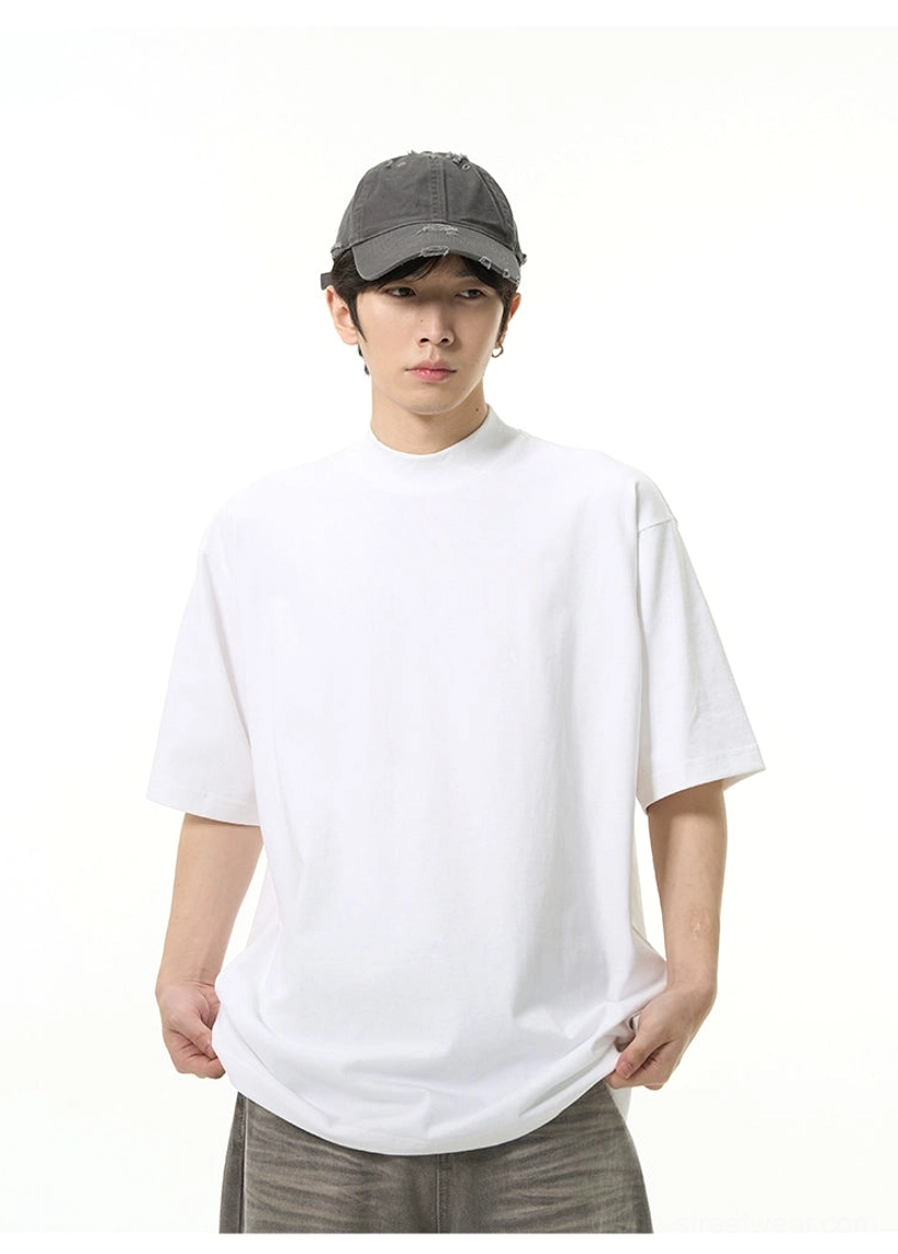 Bright white oversized high neck short sleeve T-shirt with ribbed mock neck and thick cotton feel