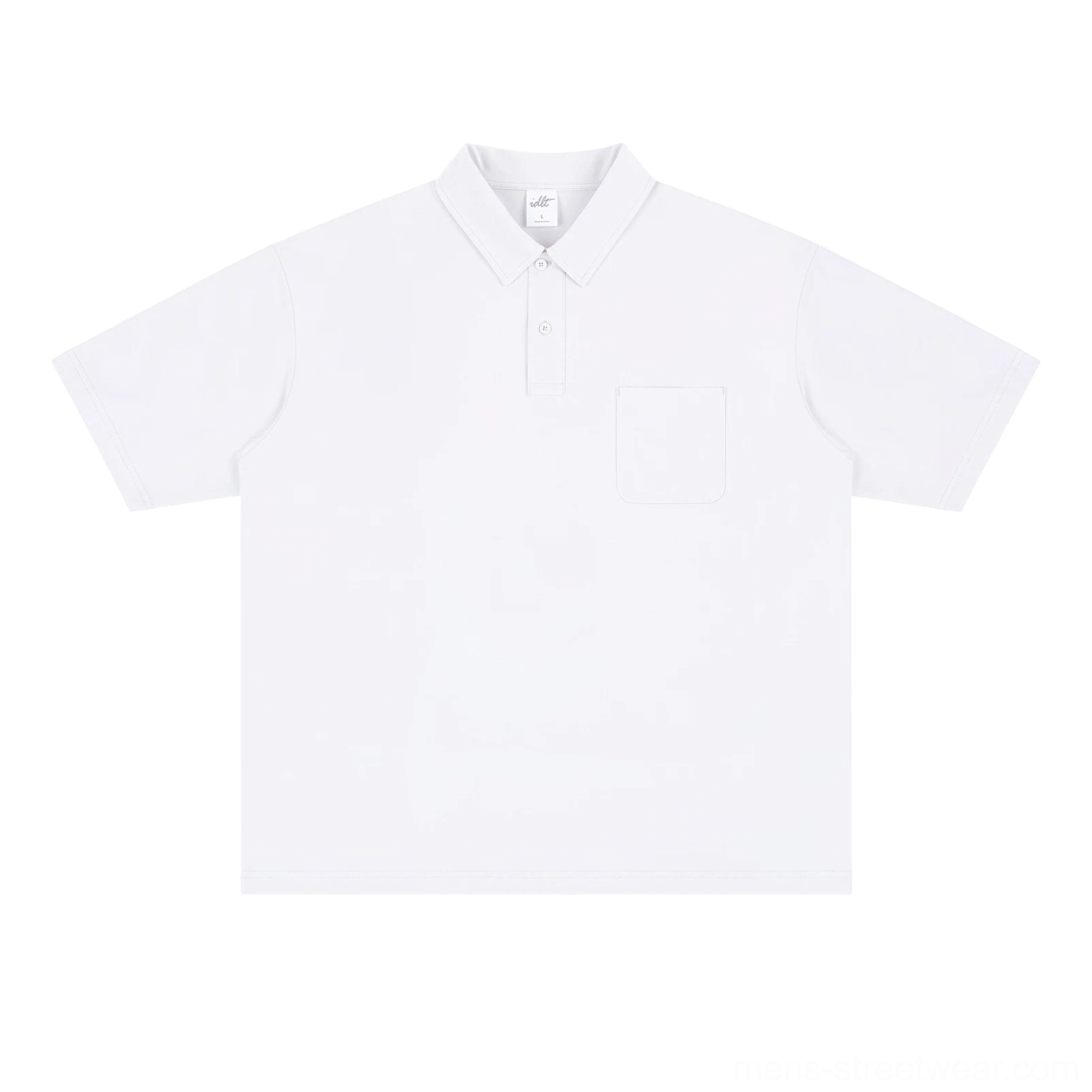 Bright white technical pocket polo shirt with smooth knit fabric, classic collar, and understated Korean casual styling