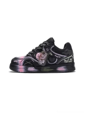 Black and pink-purple gradient broken-heart graffiti low-top sneakers with contrast panels and thick streetwear sole