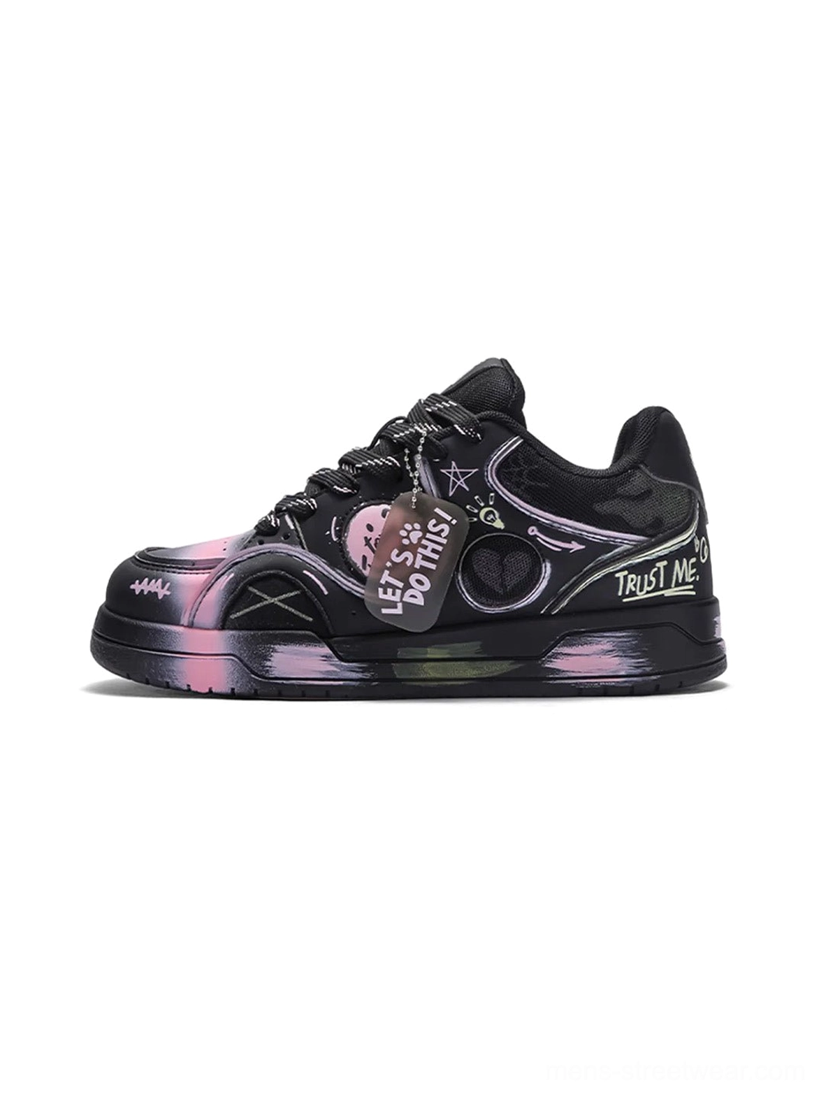 Black and pink-purple gradient broken-heart graffiti low-top sneakers with contrast panels and thick streetwear sole