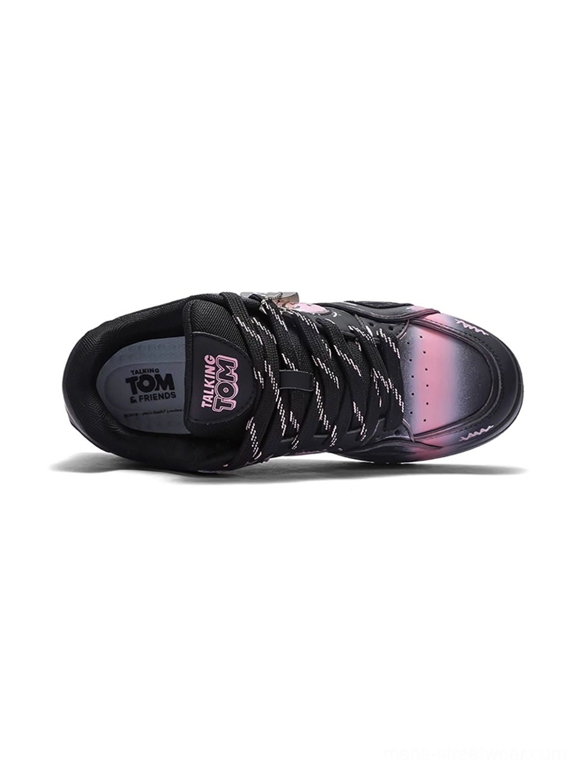 Top view of a black graffiti low-top sneaker showing twisted thick laces, gradient toe design, and graphic insole