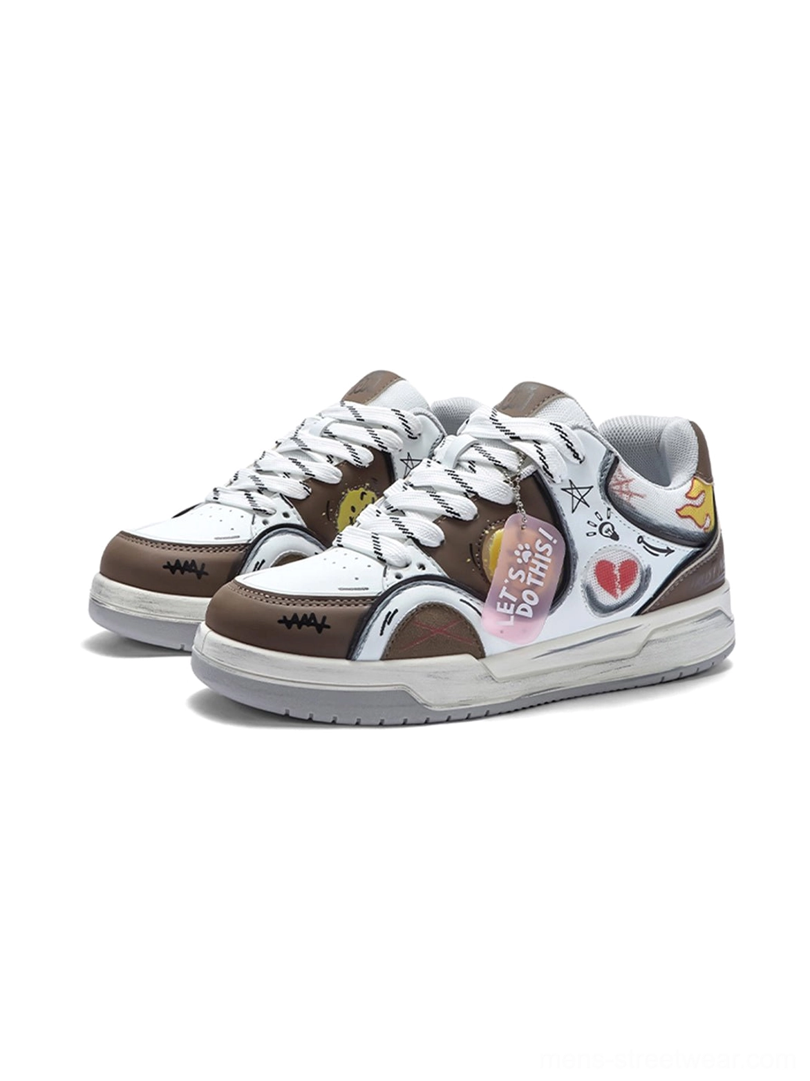 White and brown color-blocked broken-heart graffiti low-top sneakers with playful graphic artwork