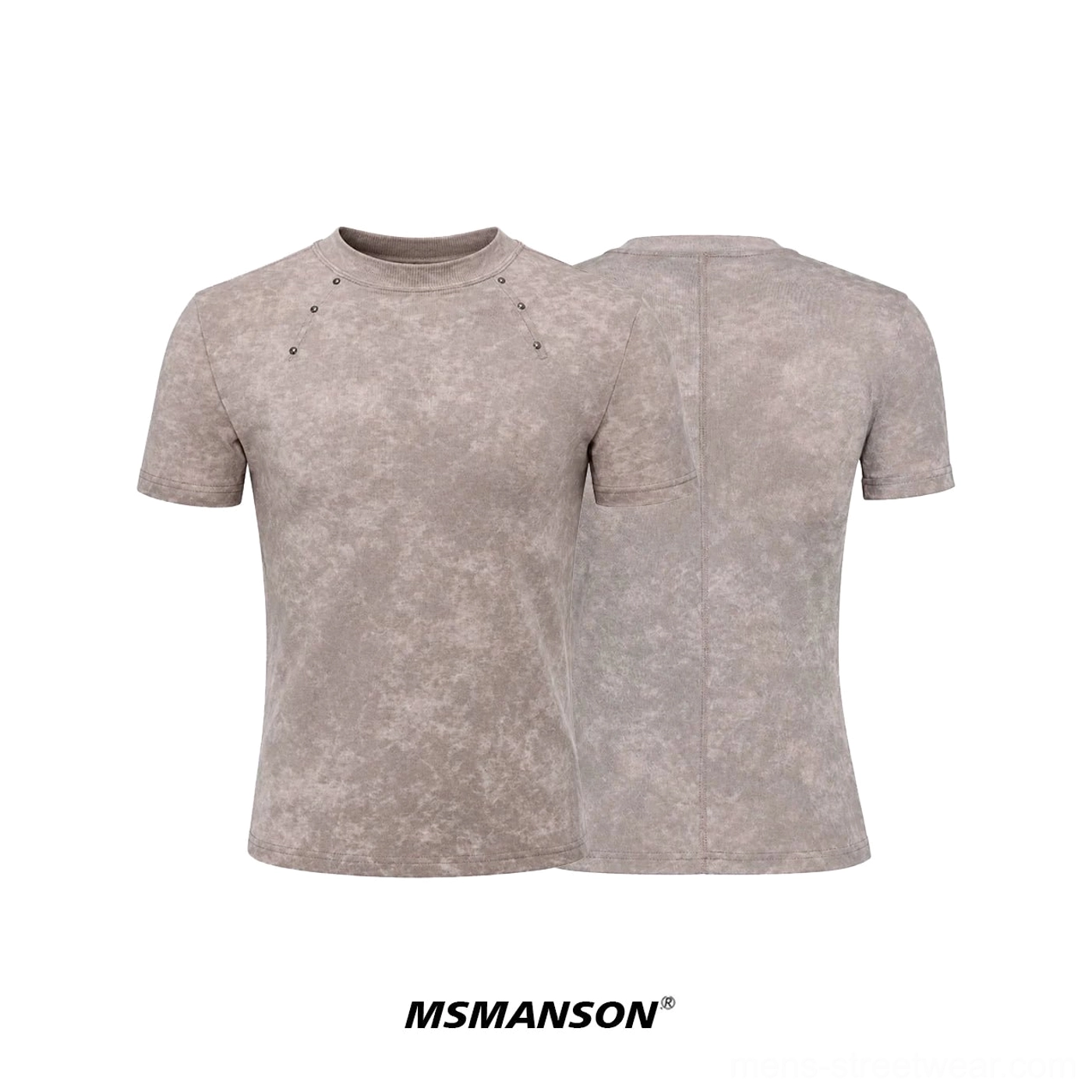 Flat lay front and back view of a brown acid washed fitted T-shirt with crew neck shoulder rivets and central back seam