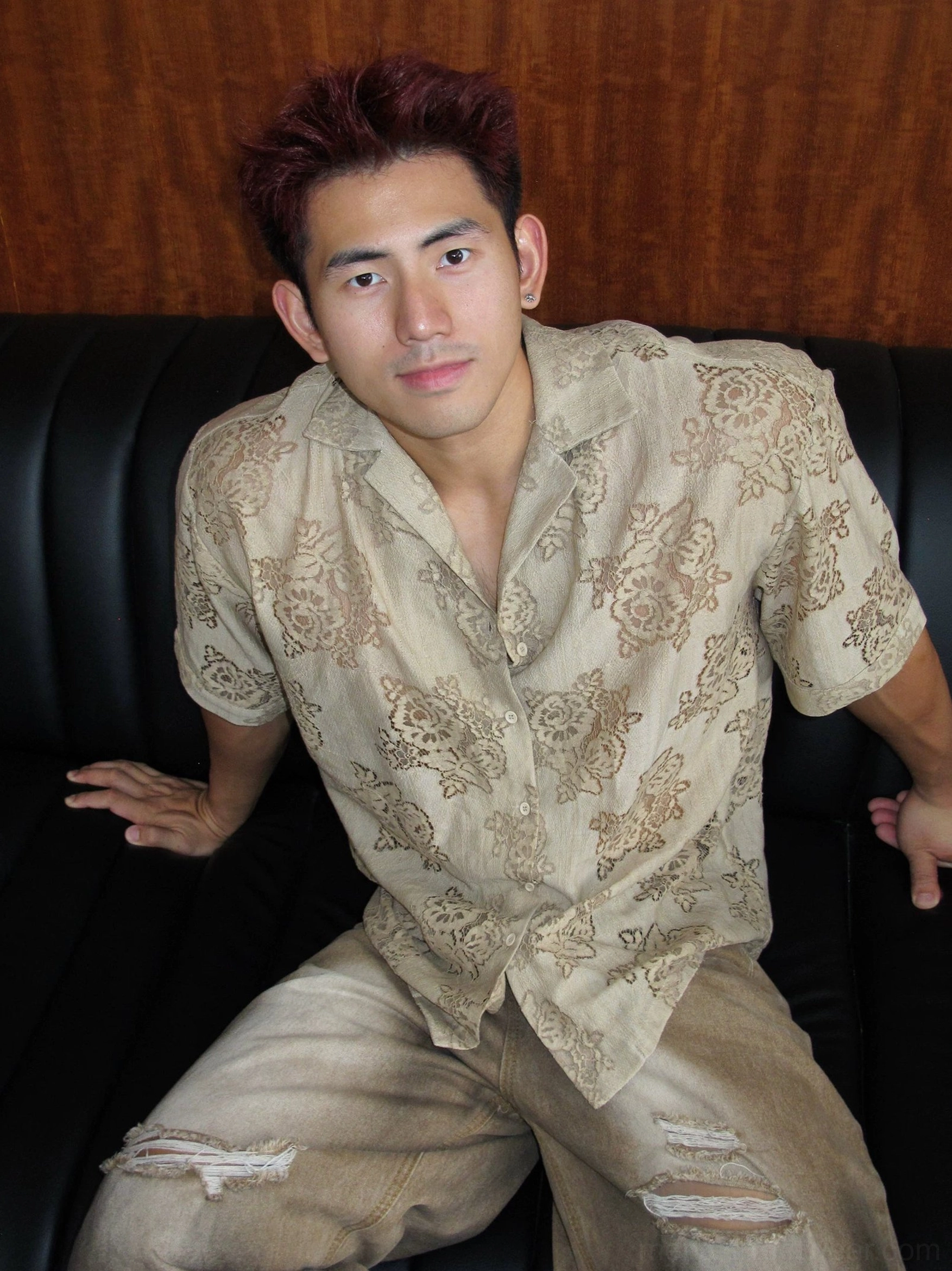 Men's brown floral sheer camp collar shirt front view with relaxed oversized fit and baroque botanical pattern