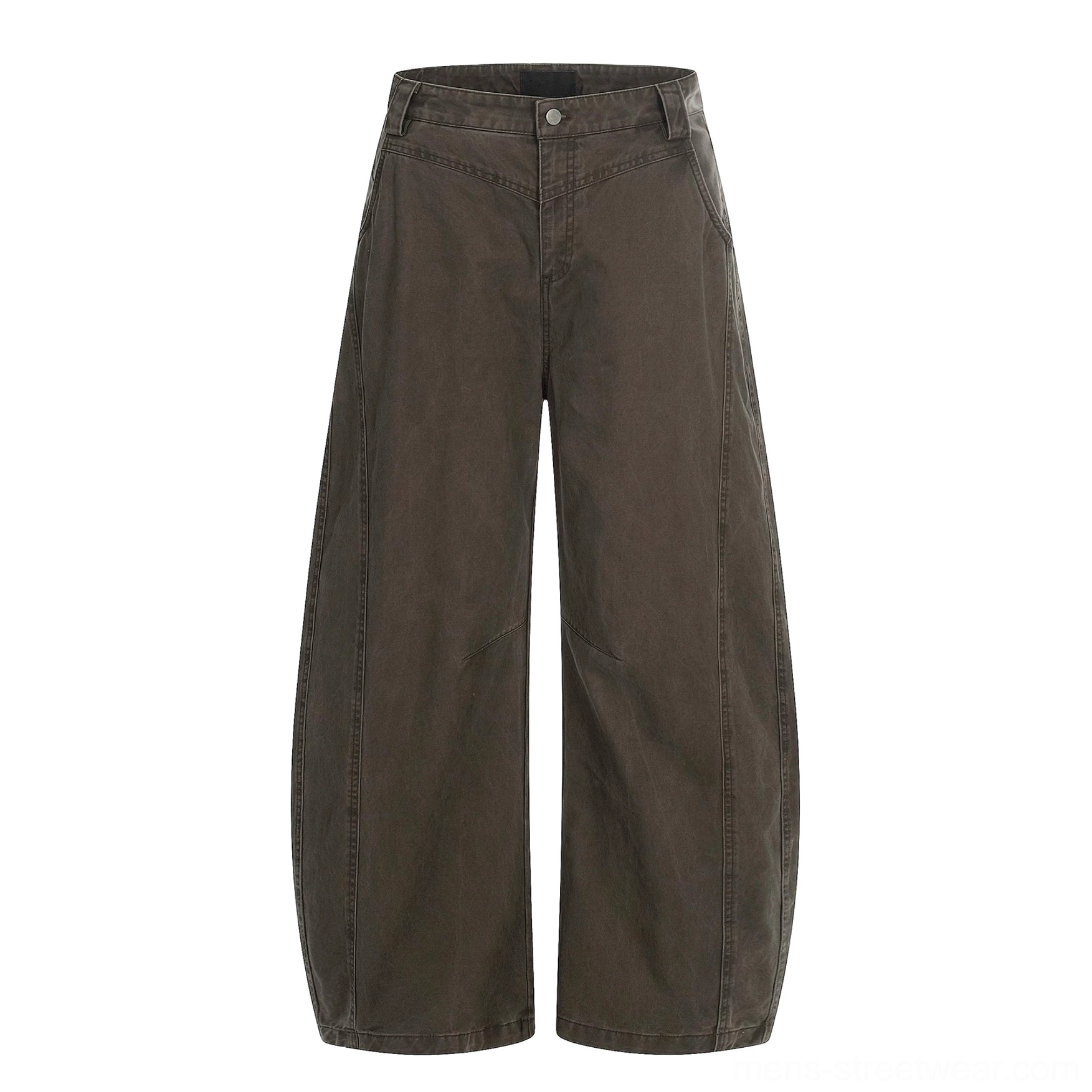 Brown barrel leg cotton twill chino pants streetwear product image with curved wide leg construction