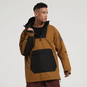 Brown and black colorblock ski anorak jacket with hood, contrast panels, kangaroo pocket, and relaxed winter streetwear silhouette