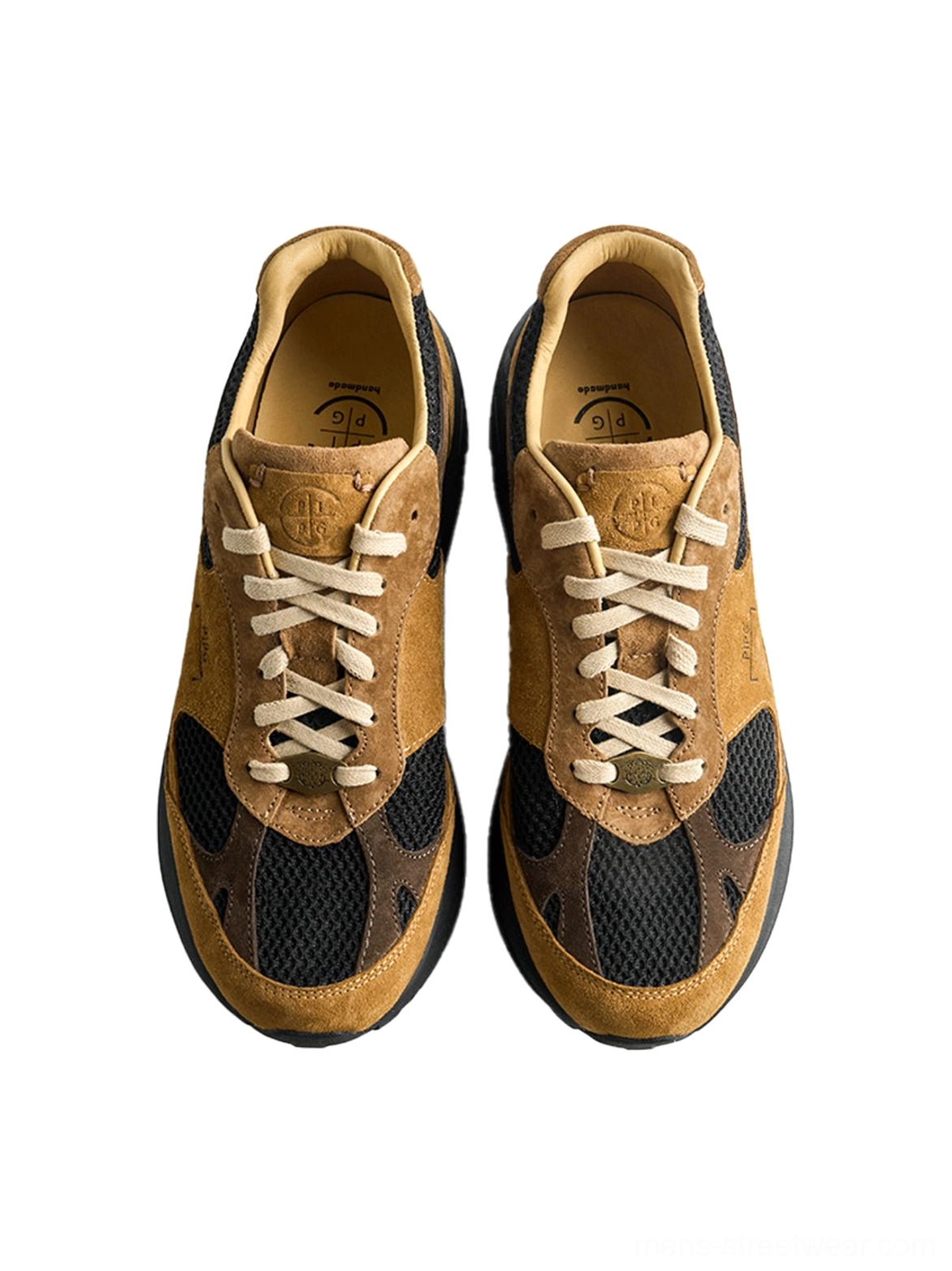 Brown and black retro outdoor trail runner sneakers featuring distressed suede breathable mesh and lugged sole