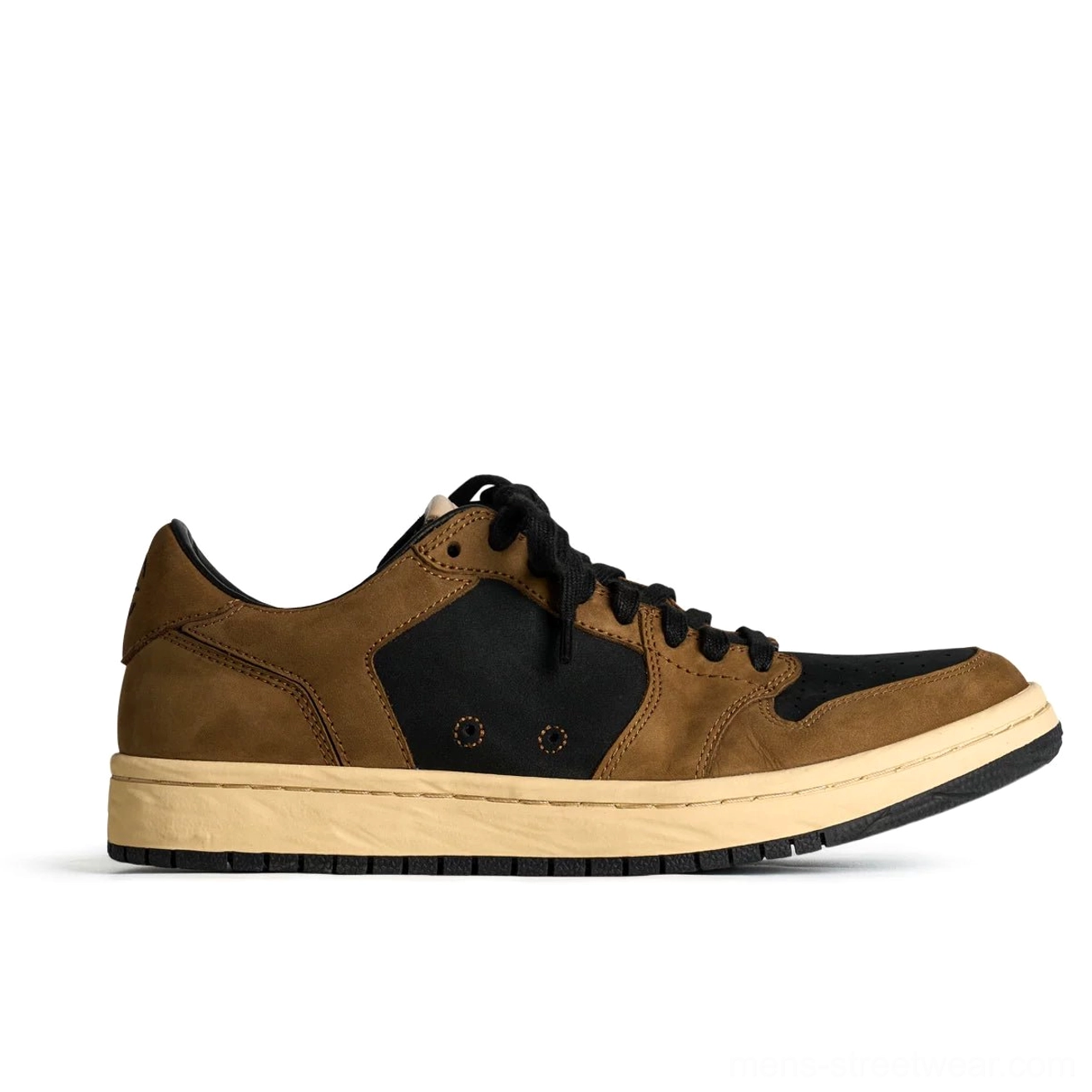 Brown and black vintage leather court sneakers with layered color-block upper and old-school rubber sole