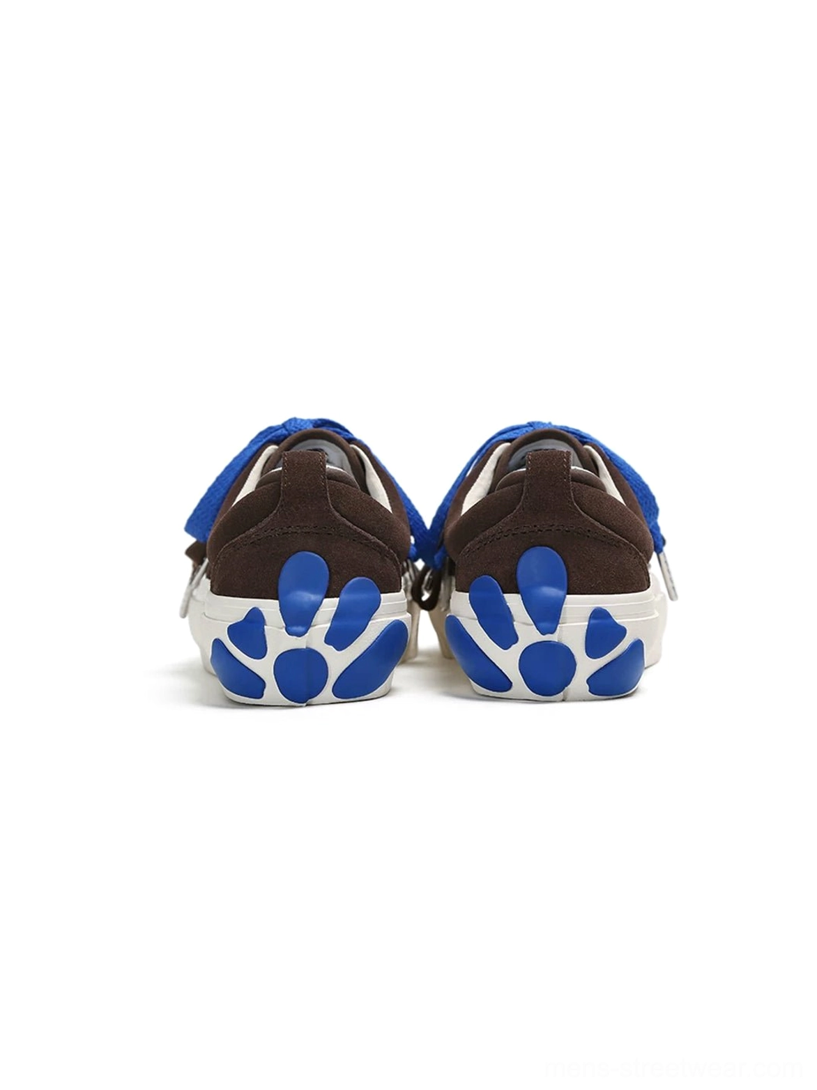 Rear view of brown suede streetwear platform sneakers showing blue laces, padded heel counters, and blue paw-shaped outsole graphics