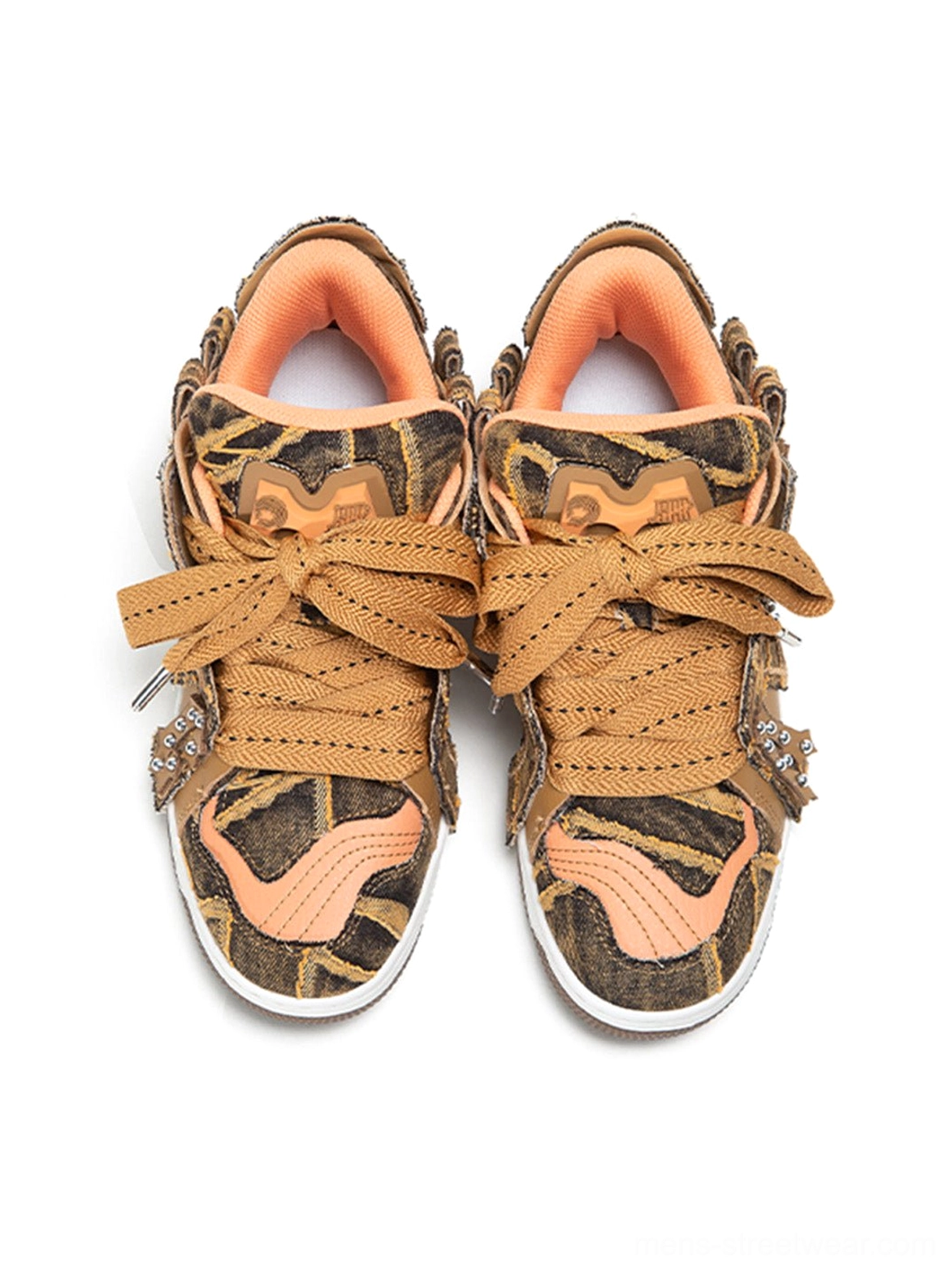 Top view of brown camouflage rivet platform skate sneakers with peach toe accents orange lining and brown laces