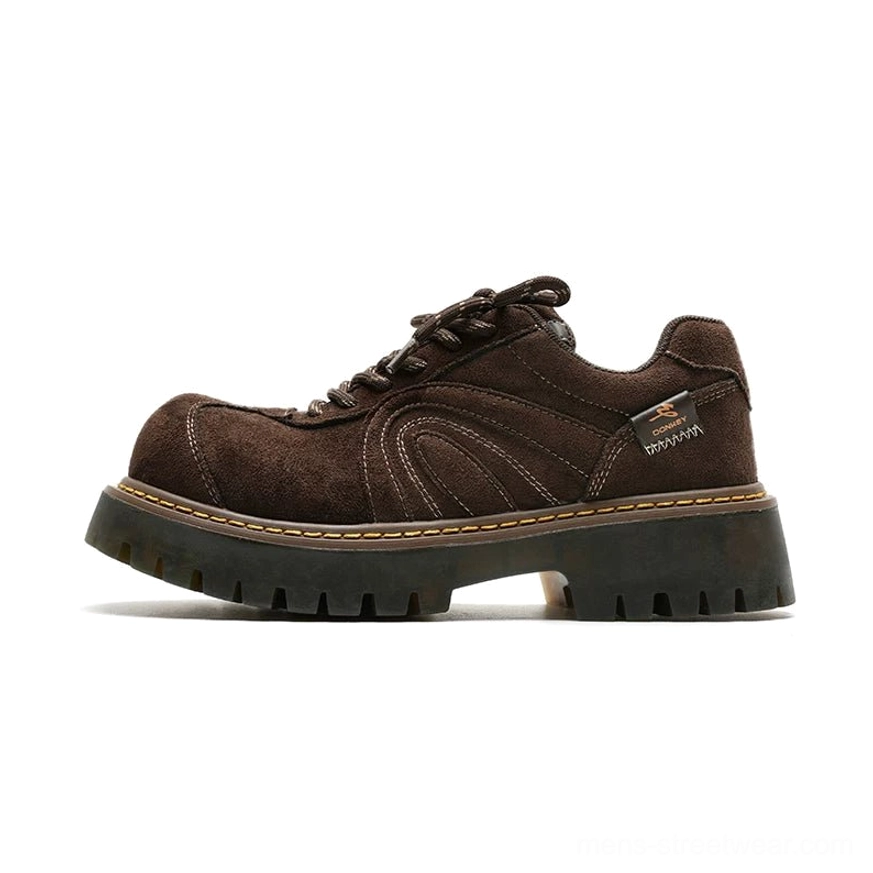Brown chunky suede-effect work sneakers with layered panels, decorative contrast stitching, rounded toe, and durable lug outsole in right side view