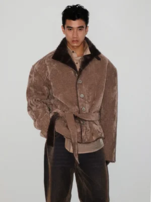 Close-up front view of oversized brown corduroy belted jacket with plush faux shearling stand collar and metal buttons