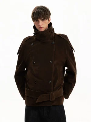 Brown corduroy cropped double-breasted trench coat with adjustable waist belt and stand collar