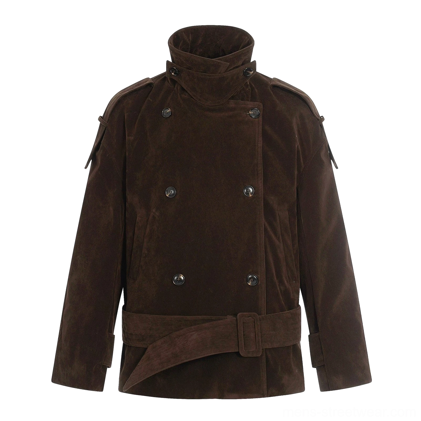 Brown corduroy cropped double-breasted trench coat with high collar and adjustable waist belt