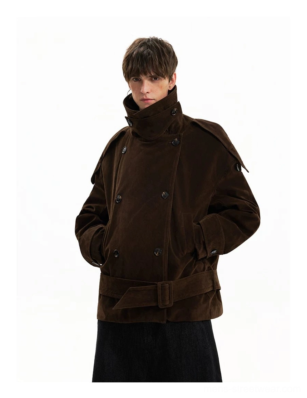 Brown corduroy double-breasted cropped trench coat with epaulettes high collar and side pockets